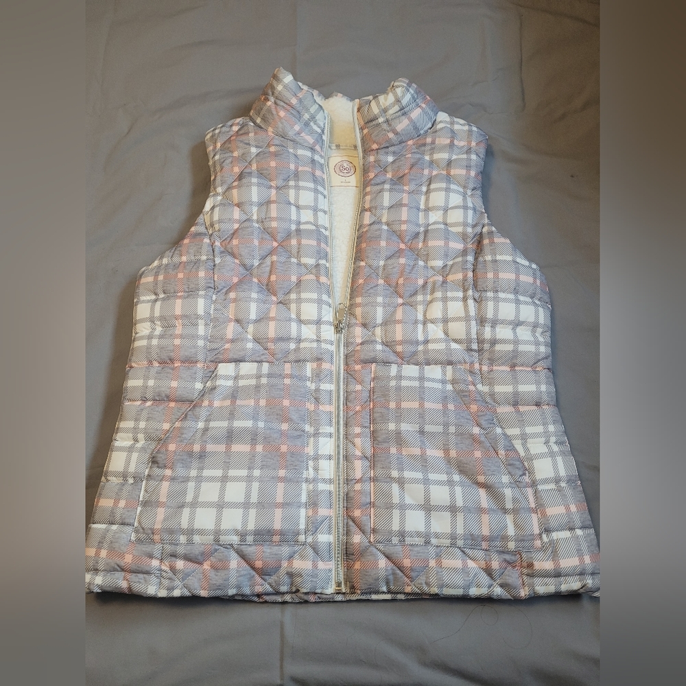 Grey/Pink Plaid Sherpa Vest